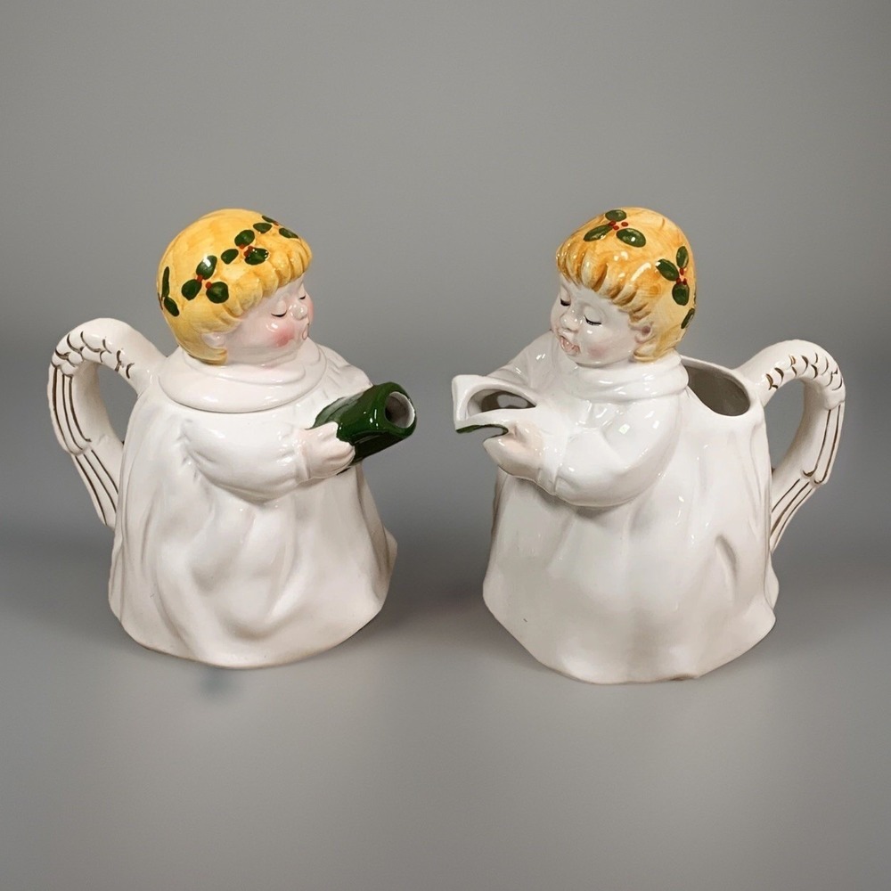 Pitchers Angels Ceramic Christmas Holly Mid Century Holidays Cooks Bazaar Set/2